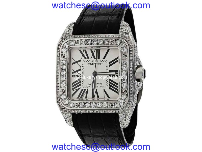Cartier Santos 100 Automatic Larger 10Ct Natural Diamond Watch Cartier