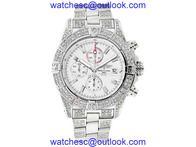 Breitling A13370 Super Avenger White Covered Over 12ct Diamond Watch Breitling