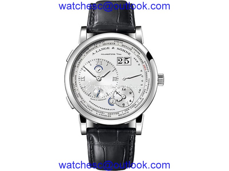 A. Lange and Sohne Large 1 116.039 18K White Gold Black Leather Silver Dial 41.9mm Mens Watch A Lange and Sohne