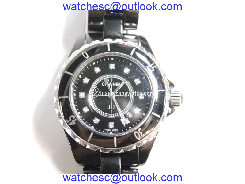 Chanel J12 Stainless Steel & Black Ceramic w/Diamond 33.5mm Womens Watch Chanel