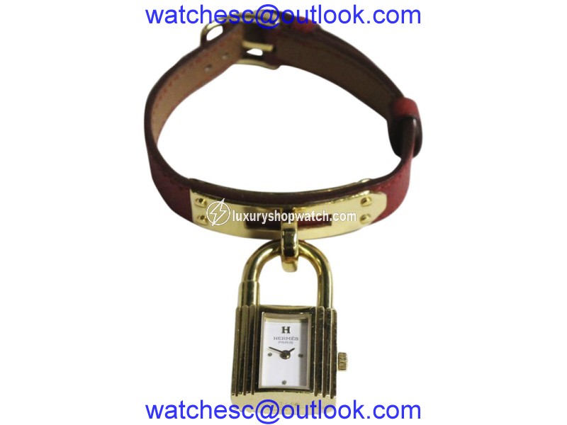 Hermes Gold Tone & Red Leather Band Kelly Womens Watch Hermes