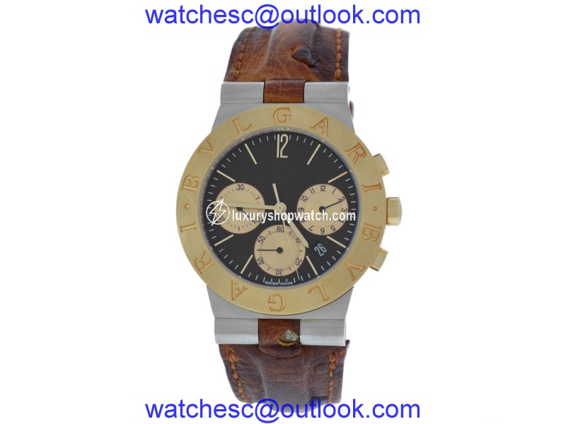 Bulgarib Bvlgari Diagono SH35SG Stainless Steel, 18K Yellow Gold Bezel & Leather 36mm Quartz Mens Watch Bulgari