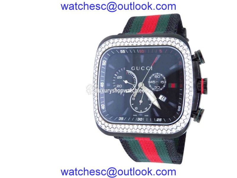 Gucci YA131202 Coupe Red Green Flag Band 3.25ct Diamond Sports Black Mens Watch Gucci