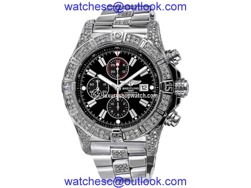 Breitling Super Avenger A13370 Black Dial Watch Diamond Bezel Case Lugs Mens Watch Breitling