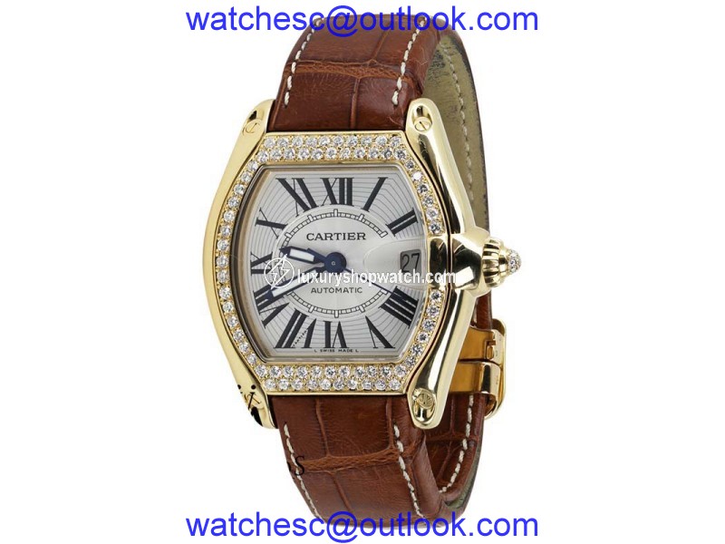 Cartier Roadster 2524 Brown Strap Diamond Bezel Yellow Gold Watch Cartier
