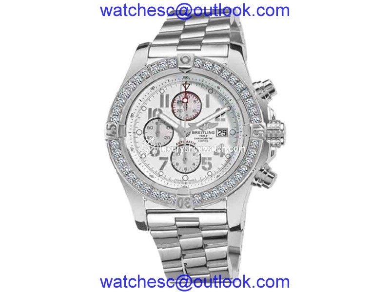 Breitling Super Avenger A13370 White Dial Arabic 3.20ct 1 Row Diamond Bezel Watch Breitling