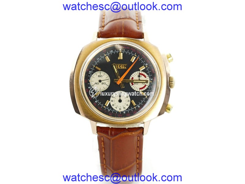 Elgin Reverse Panda 7736 Two Tone Stainless Steel / Leather with Black Dial Manual 41mm Mens Watch Elgin