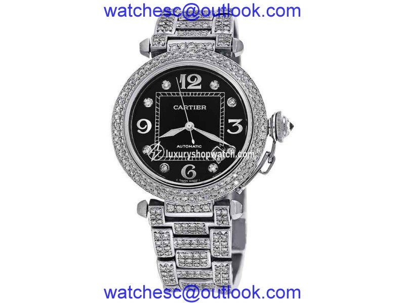 Cartier 2324 Pasha Automatic Midsize Diamond Stainless Steel Black Dial Watch Cartier