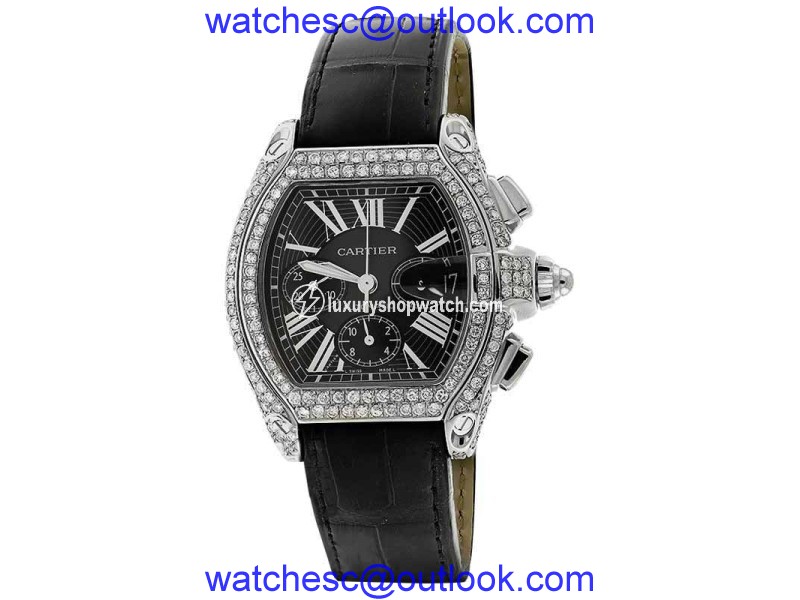 Cartier Roadster W62020X6 XL Chronograph Diamond Case Black Dial Strap Watch Cartier