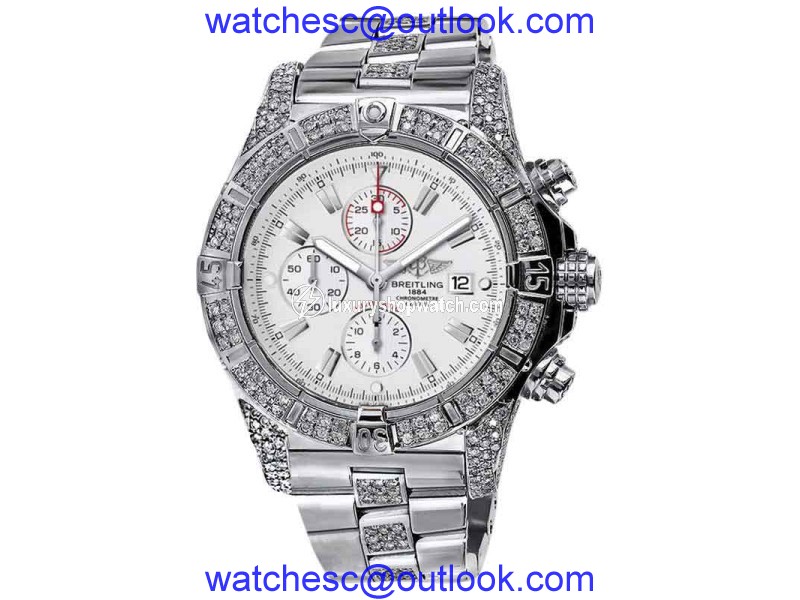Breitling Super Avenger A13370 Diamond Bezel Case Lugs White Dial Mens Watch Breitling