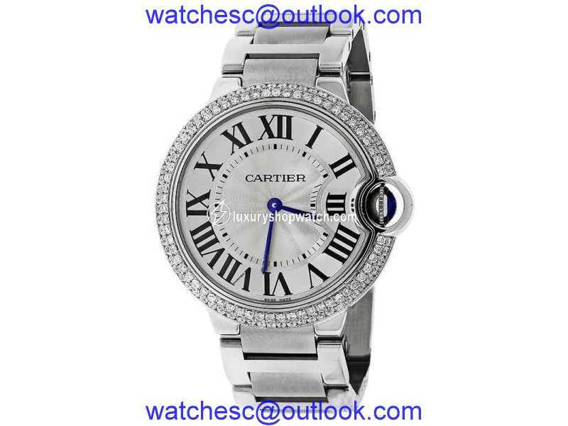 Cartier Ballon Bleu De Cartier W69011 Diamond 2 Row Bezel Stainless Midsize Watch Cartier