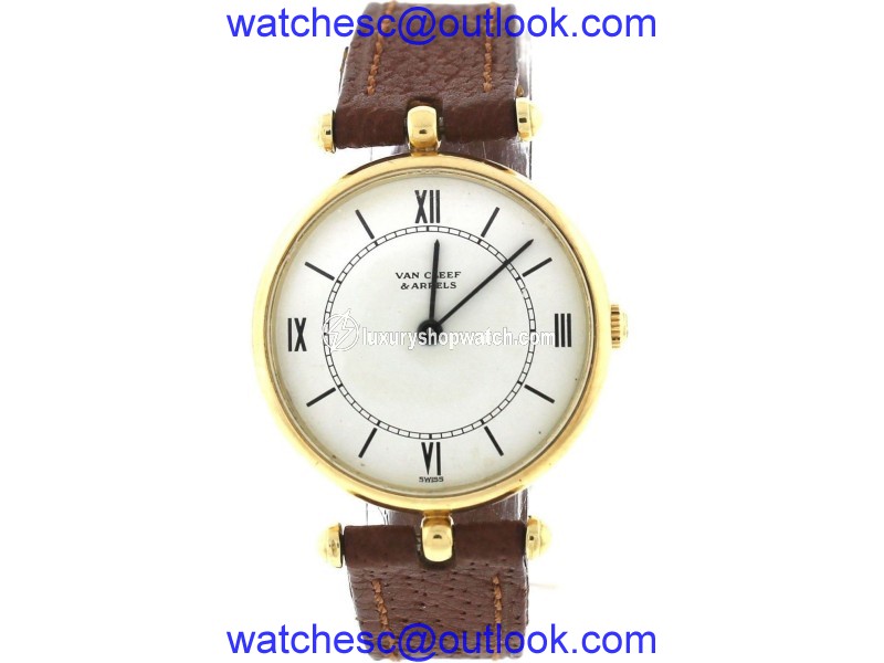 Vintage Van Cleef & Arpels Vintage 14K Gold Brown Leather White Dial Watch 22mm Van Cleef & Arpels