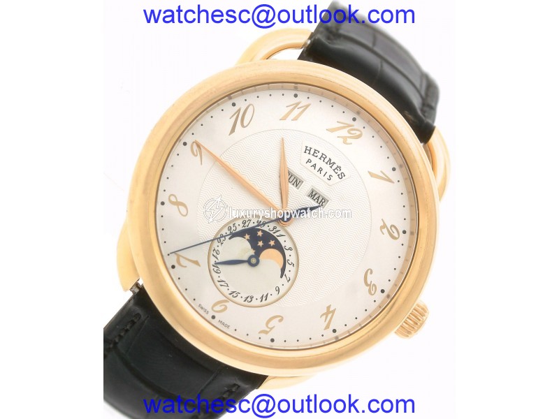 Hermes Arceau Grande Lune AR8.870 038014WW00 18K Rose Gold Moonphase Mens 43mm Watch Hermes
