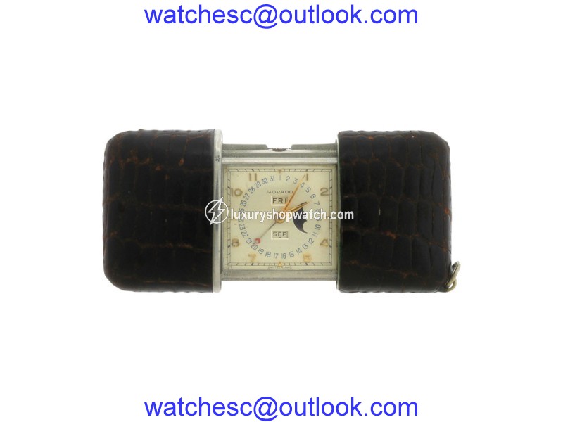 Movado Ermeto Pullman Pocket Purse Day Date Moonphase Leather 29.00mm Vintage Watch Movado