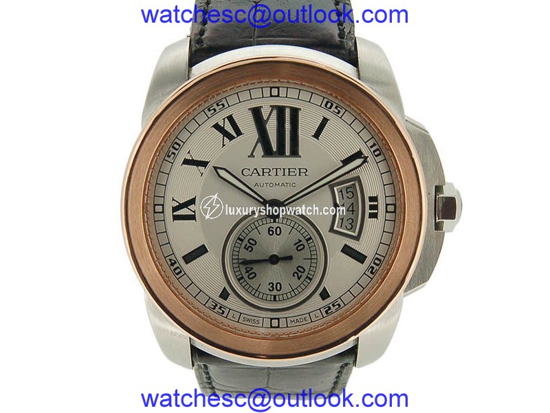 Cartier Caribri De W7100011 Stainless Steel Pink Gold & Leather Automatic 42mm Mens Watch Cartier