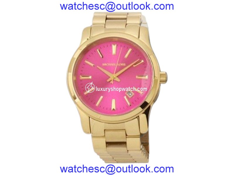 Michael Kors MK5801 Gold Tone 3 Hand Runway Pink Dial Analog Womens Watch Michael Kors