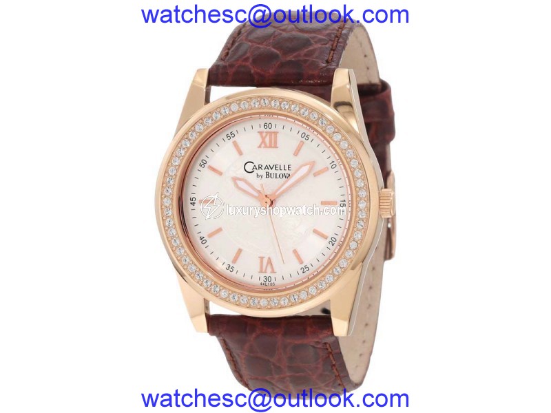 Bulova Caravelle 44L105 Rose Gold-Tone Leather Crystal Womens Watch Bulova