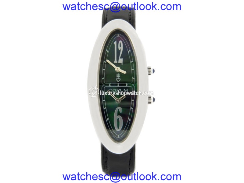 Corum Oval Shell Case Two Time Zone Black Leather Quartz Womens Watch Corum