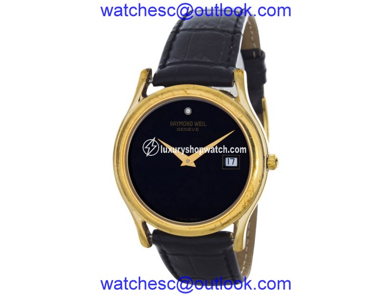 Raymond Weil Gold-Tone Case Black Dial Alligator Leather Band Quartz Mens Watch Raymond Weil