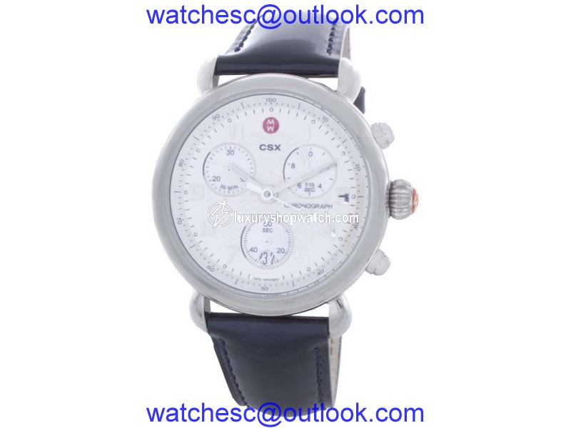 Michele CSX MW03D00A0025 Stainless Steel and Blue Leather Chronograph White Dial 40mm Watch Michele