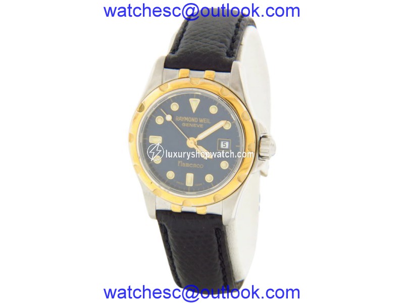 Raymond Weil Flamenco Two-Tone Steel Case Black Leather Strap Quartz Mens Watch Raymond Weil