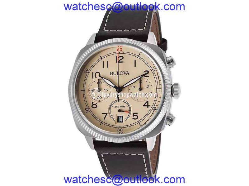 Bulova Military 96B231 Beige Dial Leather Strap Chronograph Men's Watch Bulova