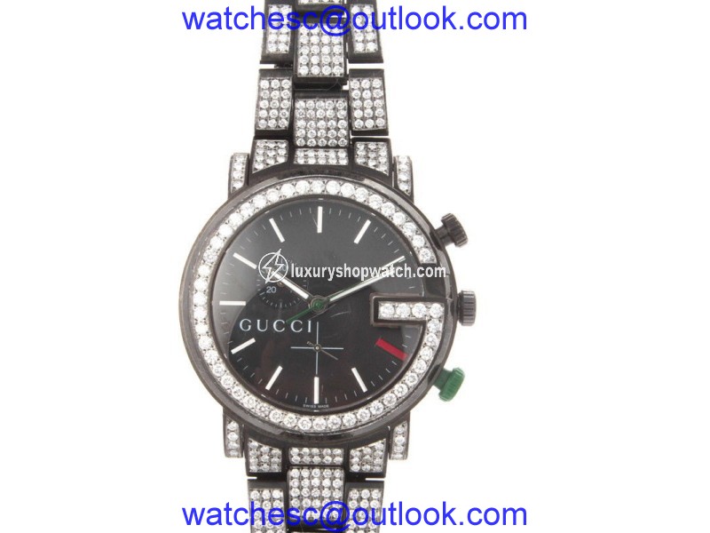 Gucci Chrono G Black Stainless Steel & Diamonds Bezel Mens Watch Gucci