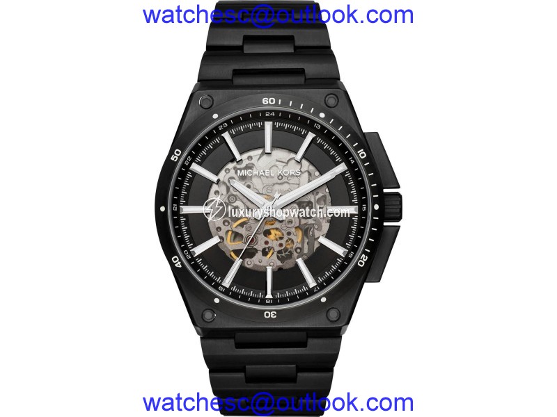Michael Kors MK9023 Black IP Stainless Steel Skeleton Black Dial Automatic 44mm Men's Watch Michael Kors