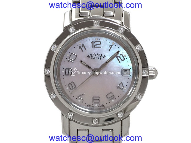 Hermes Clipper Nacre CL4.230 Stainless Steel Diamond Bezel Quartz 24mm Womens Watch Hermes