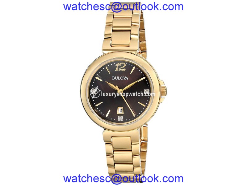 Bulova 97P107 Gold Tone Stainless Steel Black Mother Of Pearl Diamond Dial 30mm Womens Watch Bulova