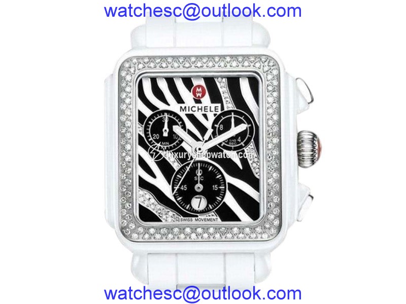 Michele MWW06F000010 Deco Zebra White Ceramic Stainless Steel and Diamonds 33mm Watch Michele