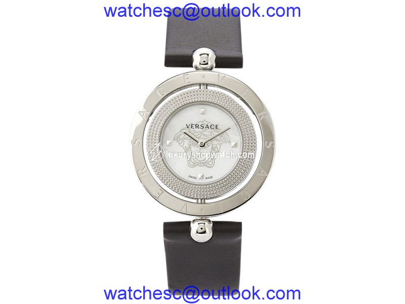 Versace EON V7901 0014 Pearl Dial Black Leather Band Womens Watch Versace