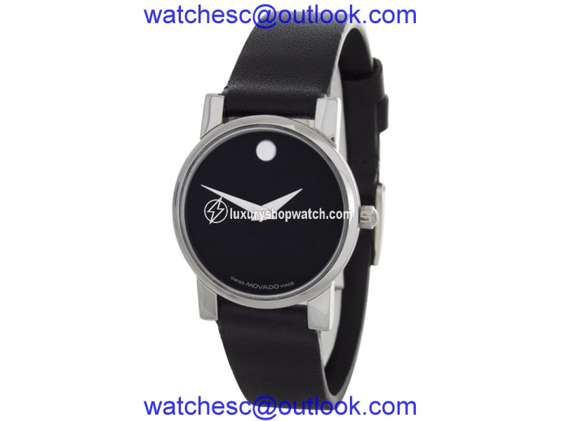 Movado Black Dial Black Leather Strap Band Silver-Tone Wrist Womens Watch Movado