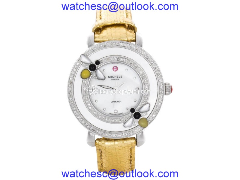 Michele MWW20C000008 Bumble Bee White Mother Of Pearl Diamonds and Golden Leather Band Quartz 39mm Strap Watch Michele