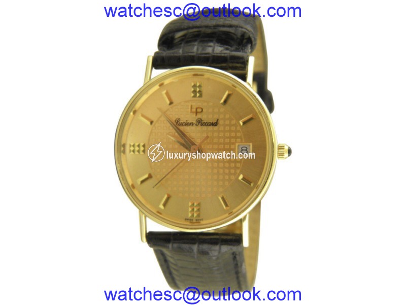 Lucien Piccard 24762 14K Yellow Gold & Leather Quartz 30mm Mens Watch Lucien Piccard