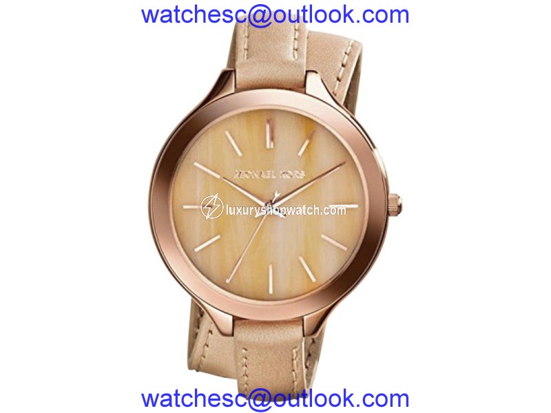 Michael Kors MK2347 Runway Horn Stainless Steel Dial Beige Leather Double Strap Womens 42mm Watch Michael Kors