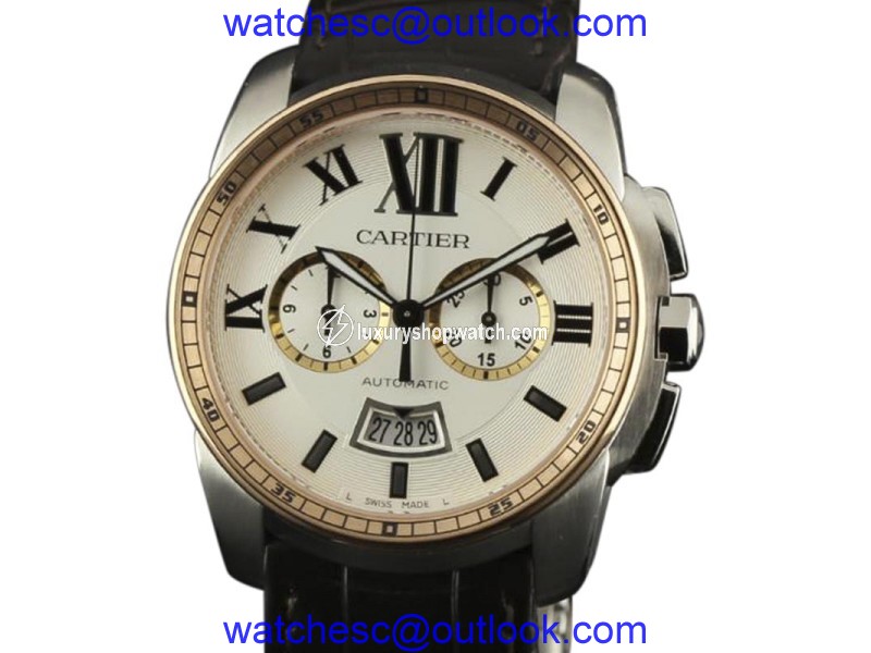 Cartier Calibre De W7100043 Stainless Steel/Pink Gold & Leather Silver Dial Automatic 42mm Mens Watch Cartier