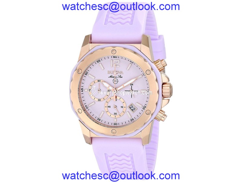 Bulova Marine Star 98M118 Lavender Dial Rubber Strap Chronograph 36mm Womens Watch Bulova
