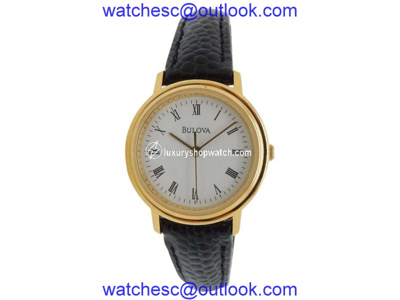 Bulova Gold Plated Stainless Steel & Black Leather Quartz 26mm Womens Watch Bulova