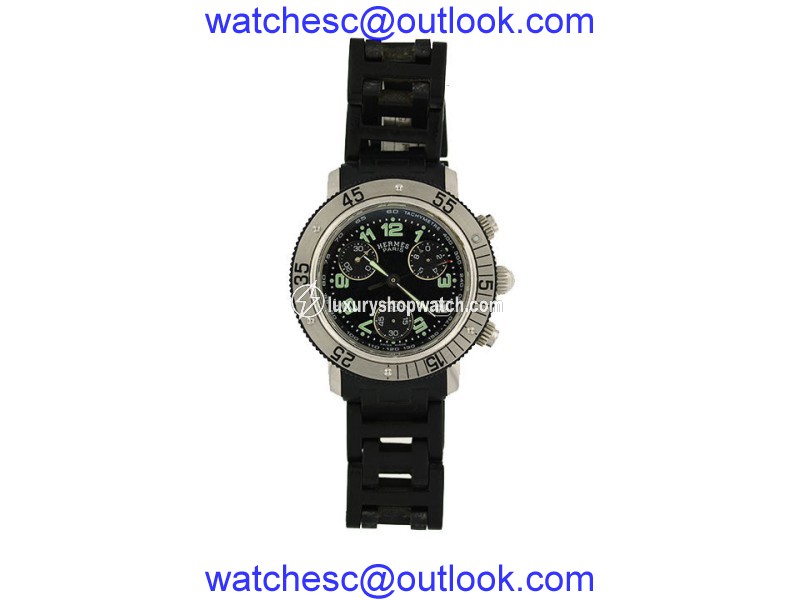 Hermes Clipper Diver Chronograph Watch Black Cl2.915 Water Resistant Enamel Band Hermes