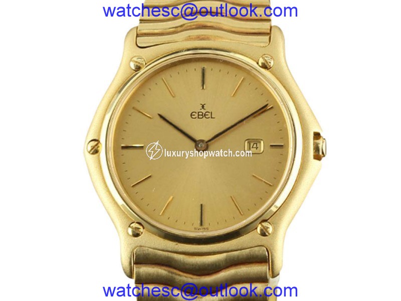 Ebel Classic Wave Yellow Gold Champagne Index Date Quartz Watch Ebel