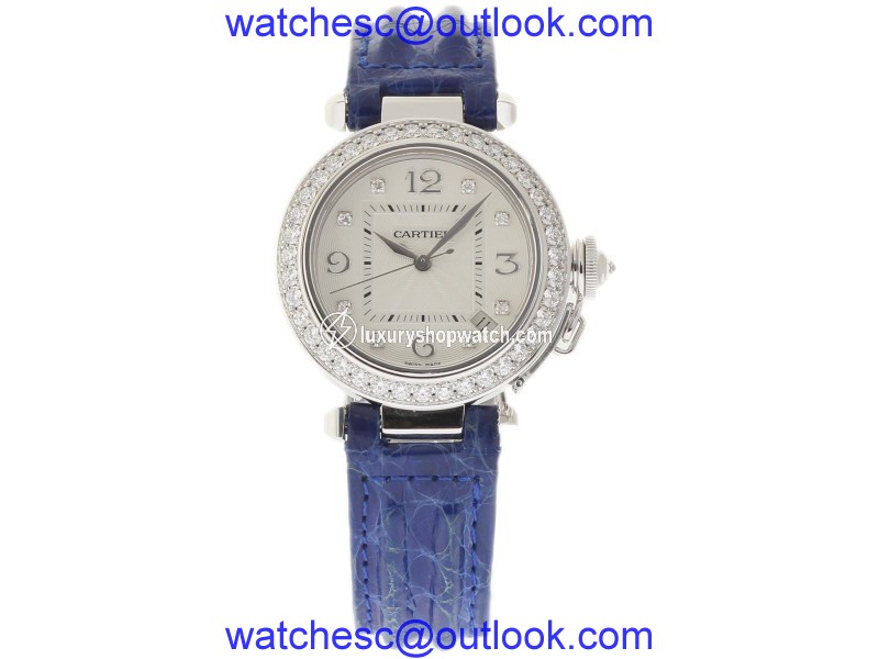 Cartier Pasha WJ1111M9 White Gold & Leather Silver Dial wDiamond Automatic 32mm Womens Watch Cartier