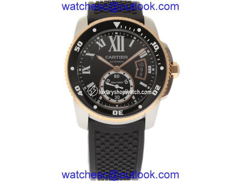 Cartier Calibre De W7100055 Stainless Steel/18K Rose Gold & Rubber Black Dial Automatic 42mm Mens Watch Cartier
