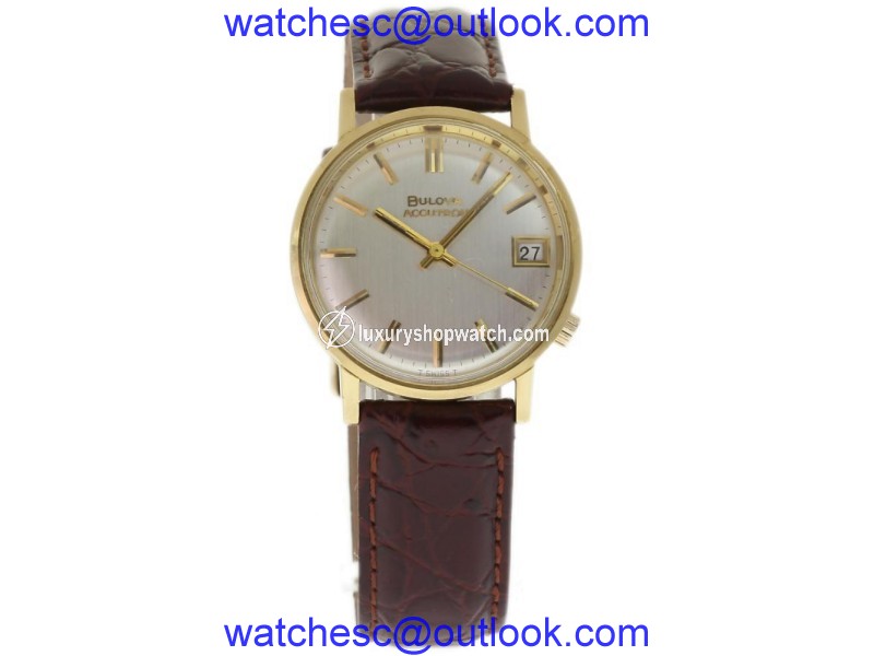 Bulova Accutron 218D 686 Yellow Gold & Brown Leather Quartz 34mm Mens Watch Bulova