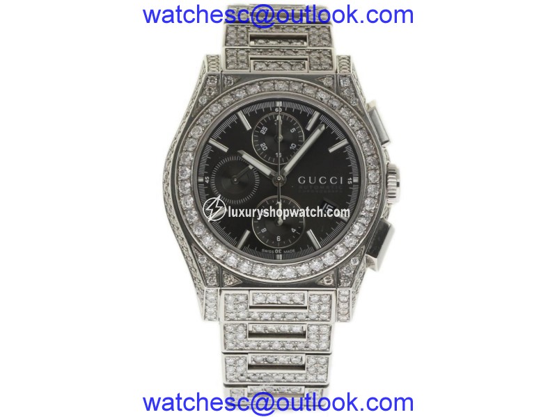 Gucci Pantheon YA115206 Stainless Steel wDiamonds Black Dial Automatic 45mm Mens Watch Gucci