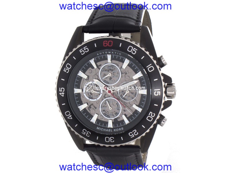 Michael Kors Jet-Master MK9012 Skeleton Dial Black Leather Strap Mens Watch Michael Kors
