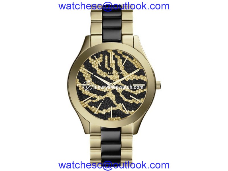 Michael Kors Slim Runway MK3315 Gold-Plated Stainless Steel With Zebra-Pattern Crystal Pave Dial Womens Watch Michael Kors