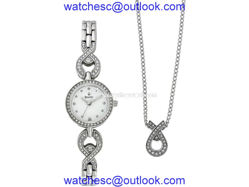 Bulova 96X115 Silver Analog Display Quartz 27mm Womens Watch and Necklace Set Bulova
