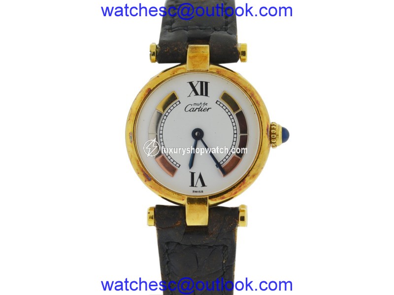Cartier Vermeil Gold Plated & Leather White Dial Quartz Vintage 25mm Womens Watch Cartier