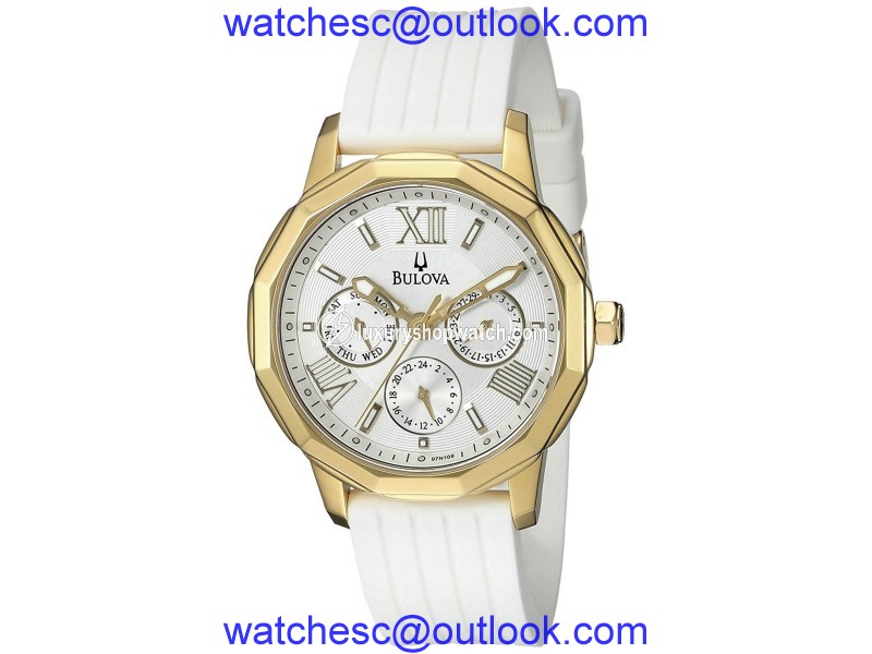 Bulova 97N108 Gold Tone Stainless Steel White Dial White Silicone Strap Multifunction Dress 38mm Womens Watch Bulova